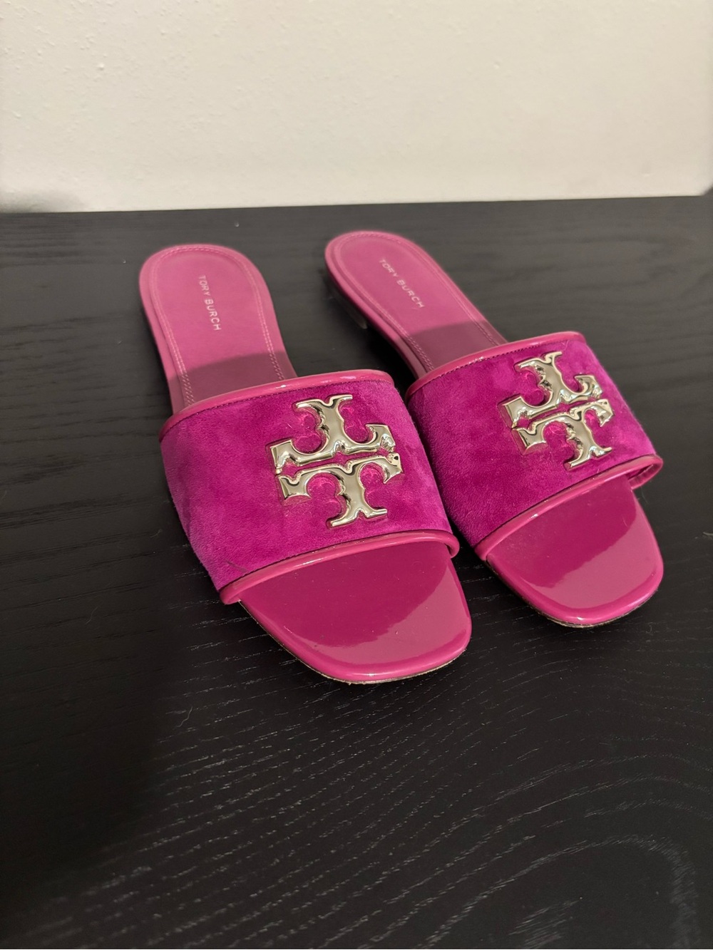 Tory Burch Fuchsia Suede & Patent Slide Sandals with Gold Logo